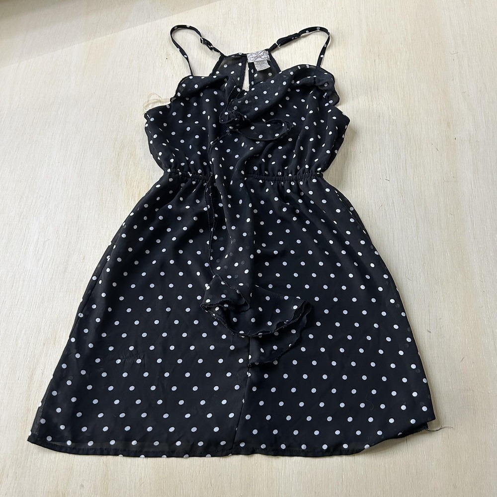 Eyelash Couture Y2K Dress Womens XS Black Polka Dot Halter Ruffle Chiffon Short